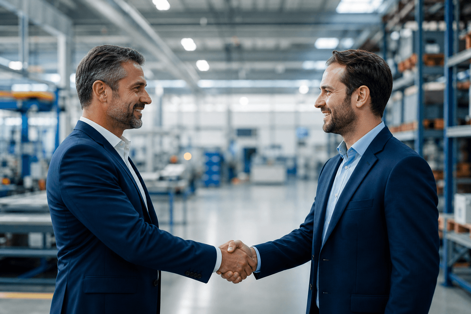 A supplier and a business owner shaking hands on a modern factory floor