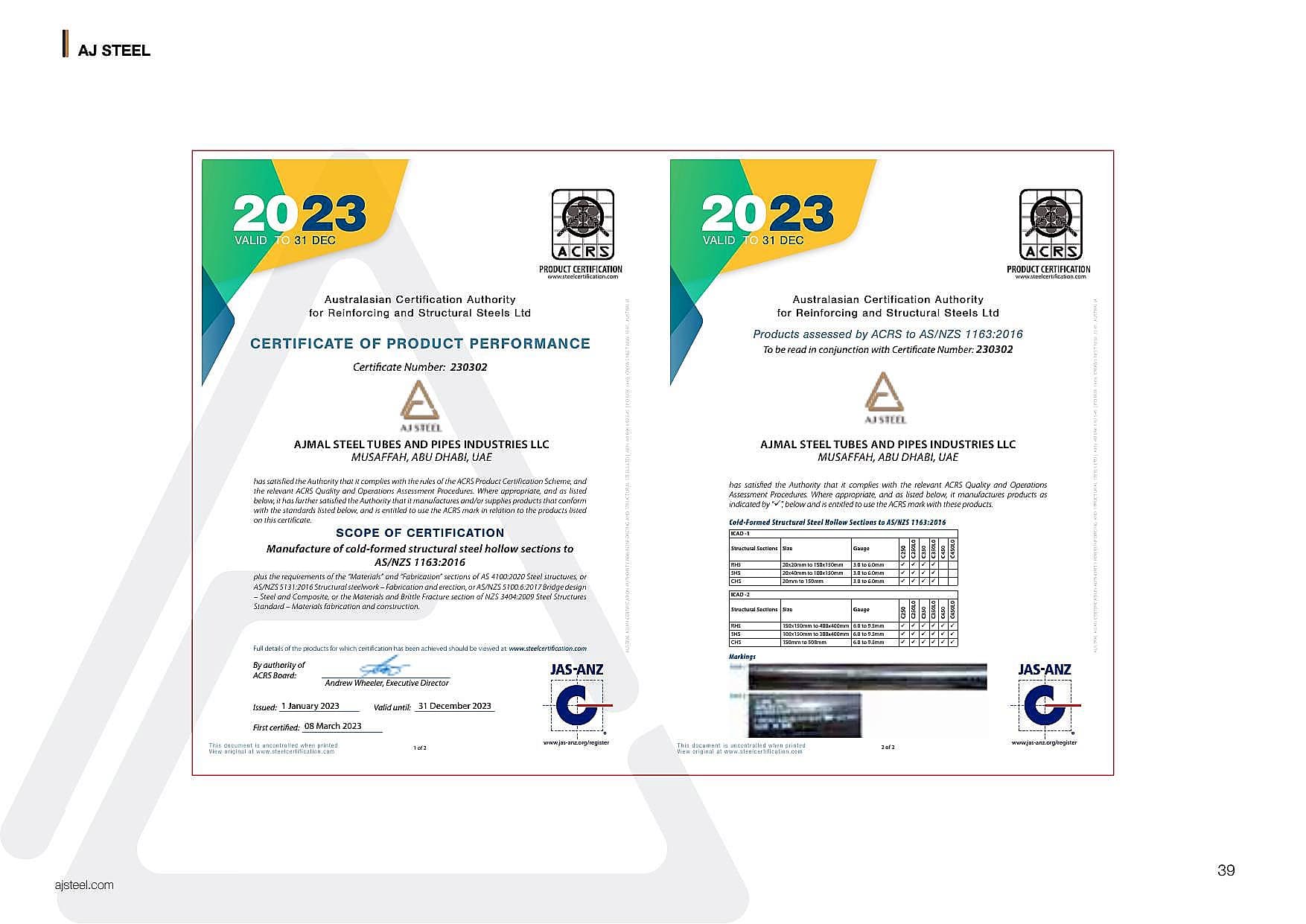 ACRS (AS/NZS 1163 cold-formed hollow sections, cert 230302) certificate — ACRS