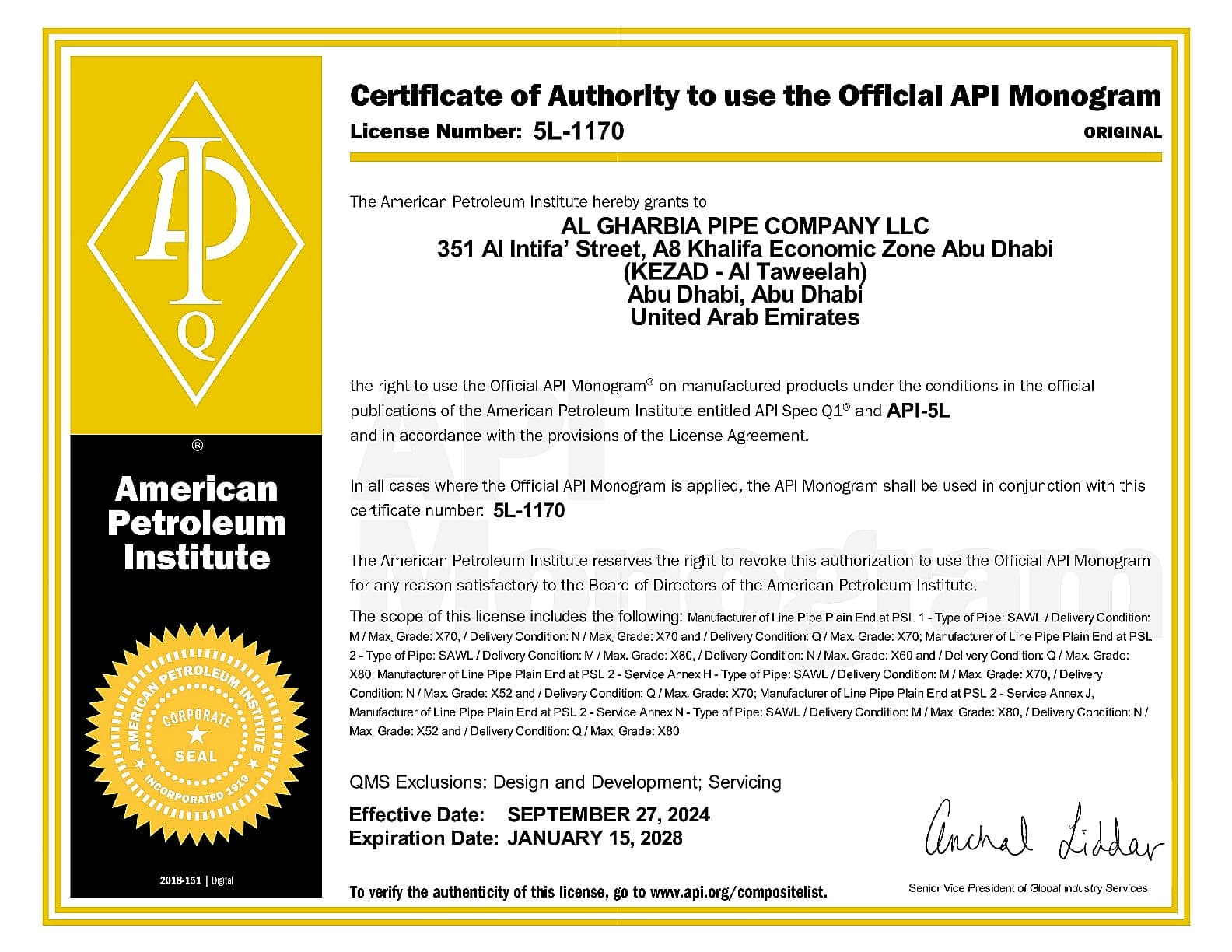 API 5L (License 5L-1170) certificate — American Petroleum Institute