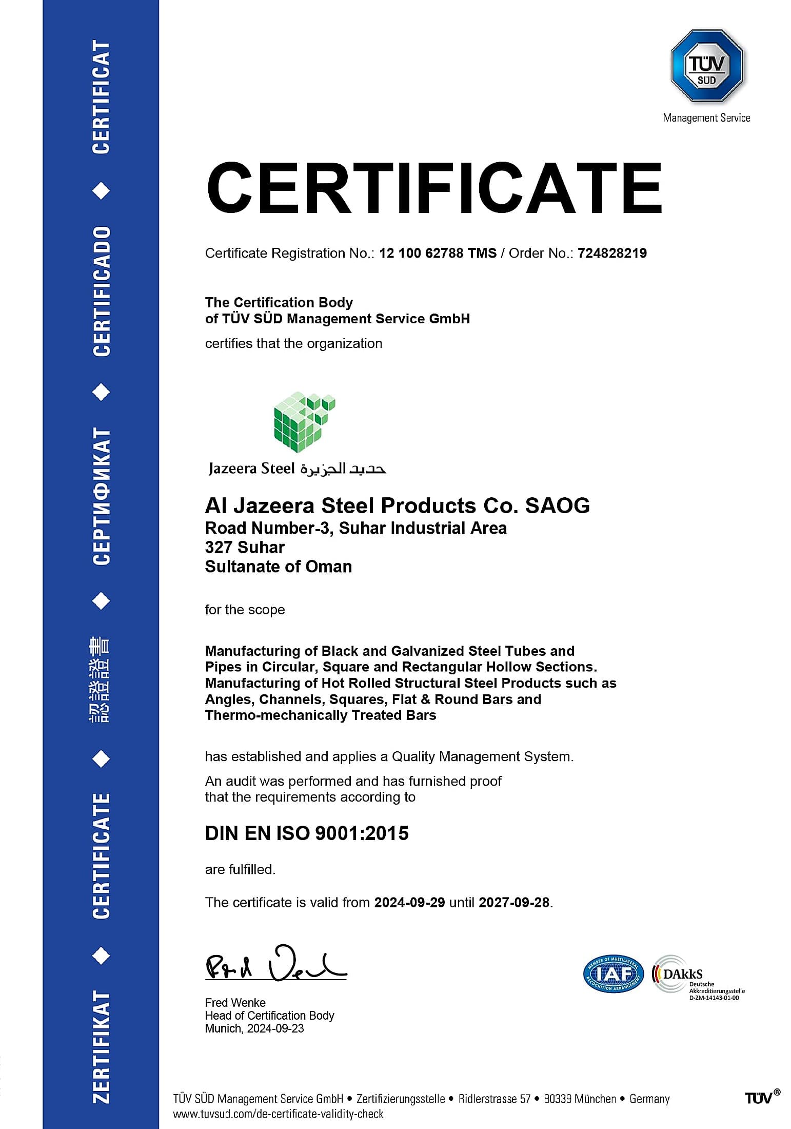 ISO 9001:2015 certificate — Accredited certification body