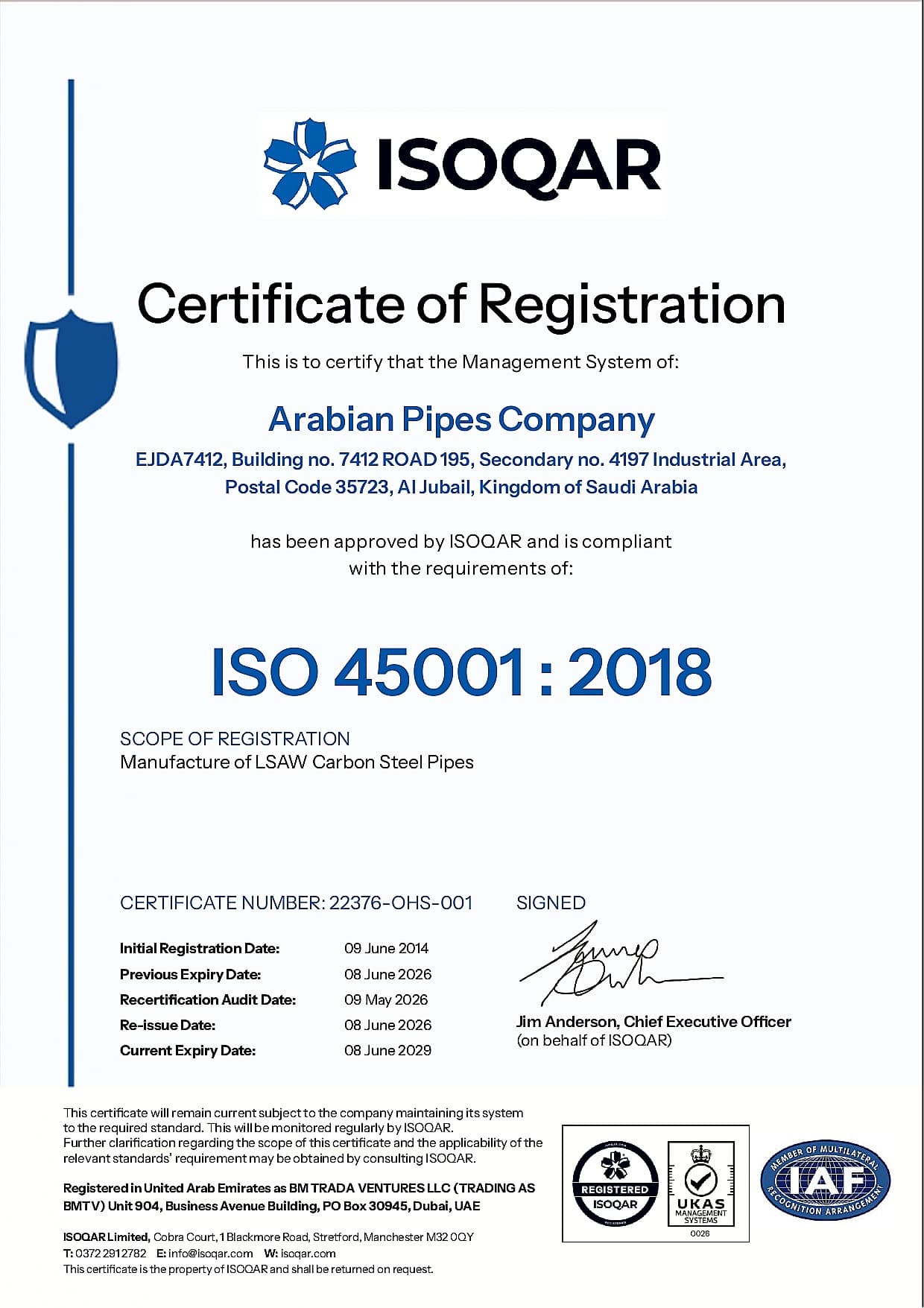 ISO 45001 LSAW certificate — Accredited certification body