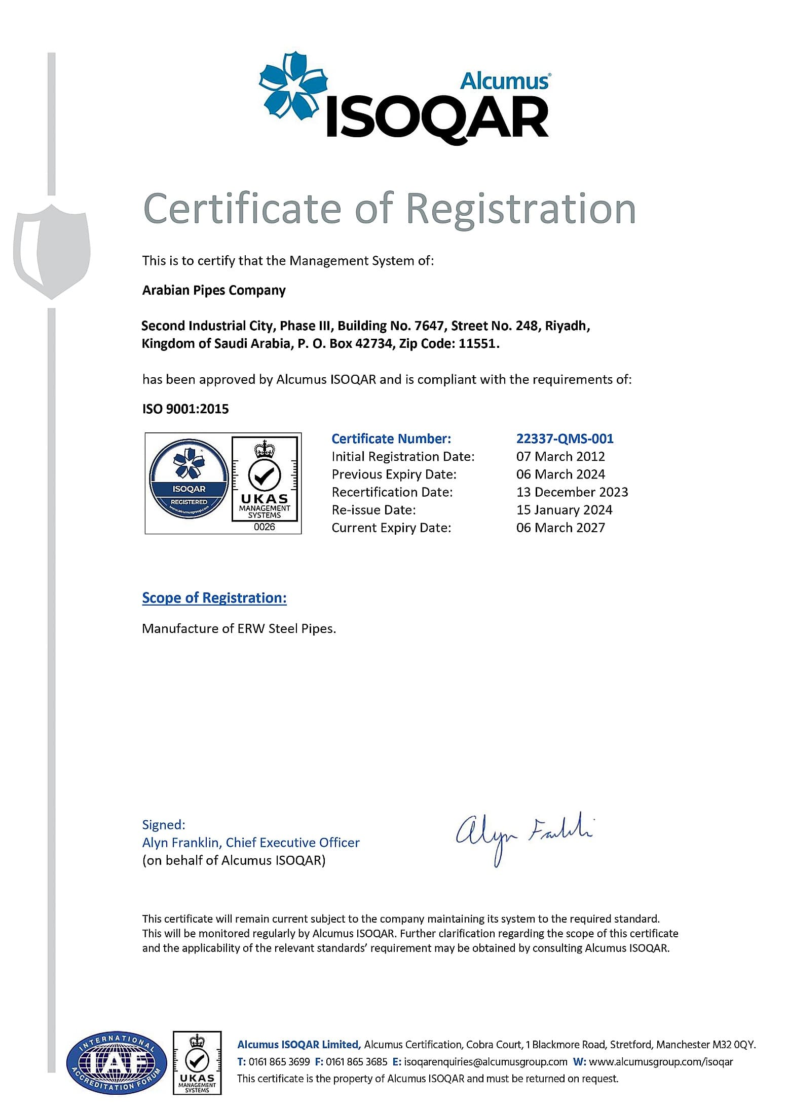 ISO 9001 ERW certificate — Accredited certification body