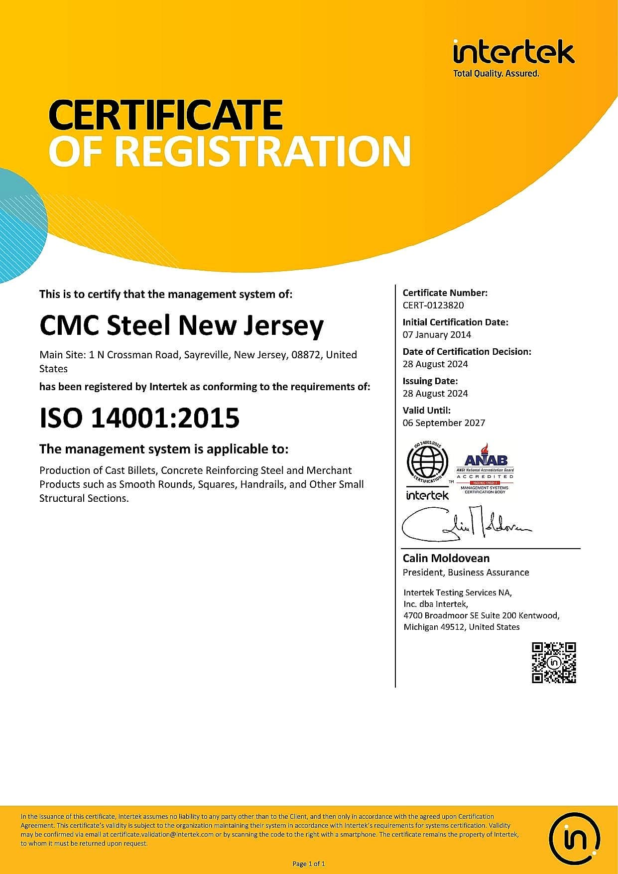 ISO 14001:2015 CMC Steel New Jersey certificate — Accredited certification body