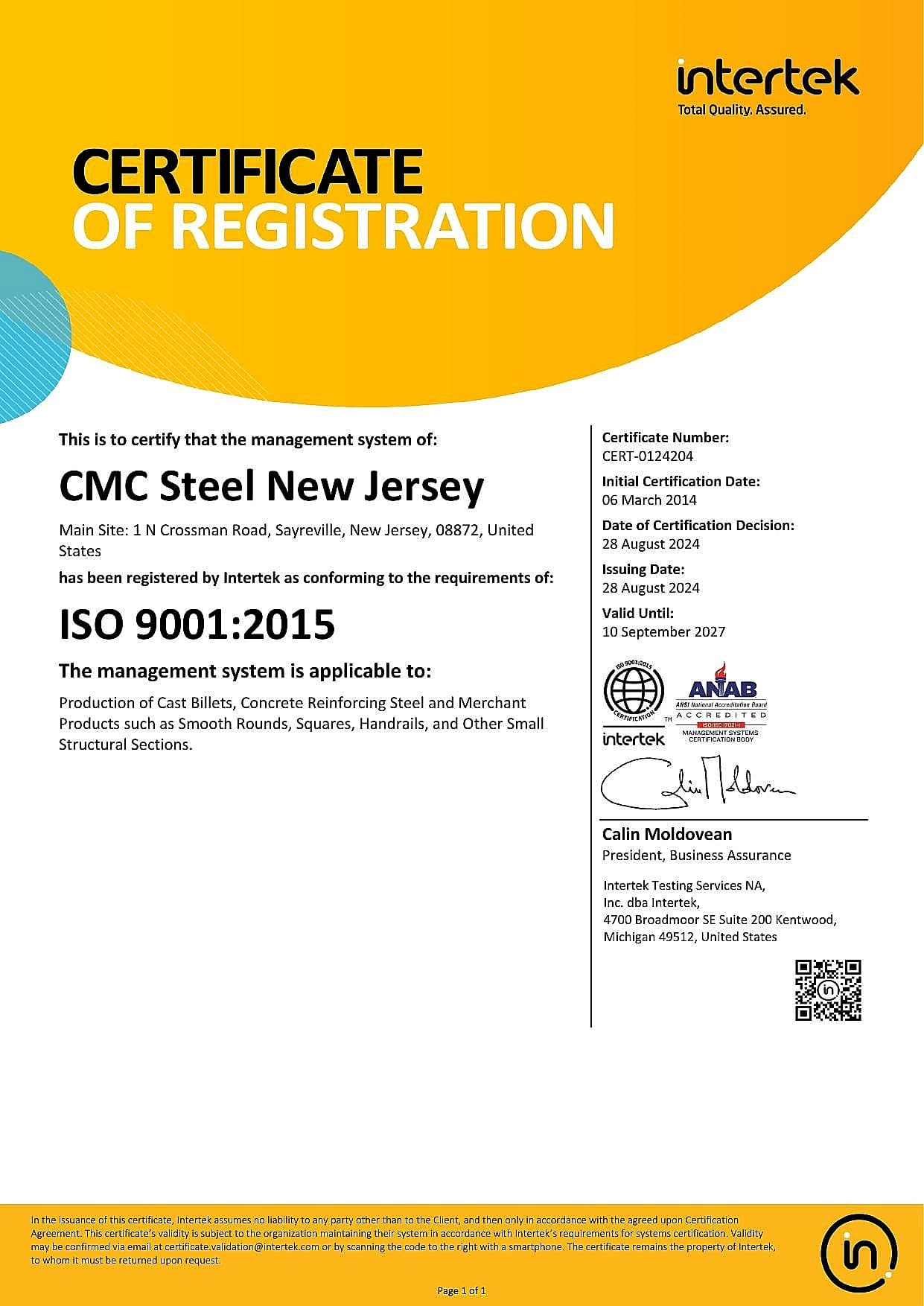 ISO 9001:2015 CMC Steel New Jersey certificate — Accredited certification body