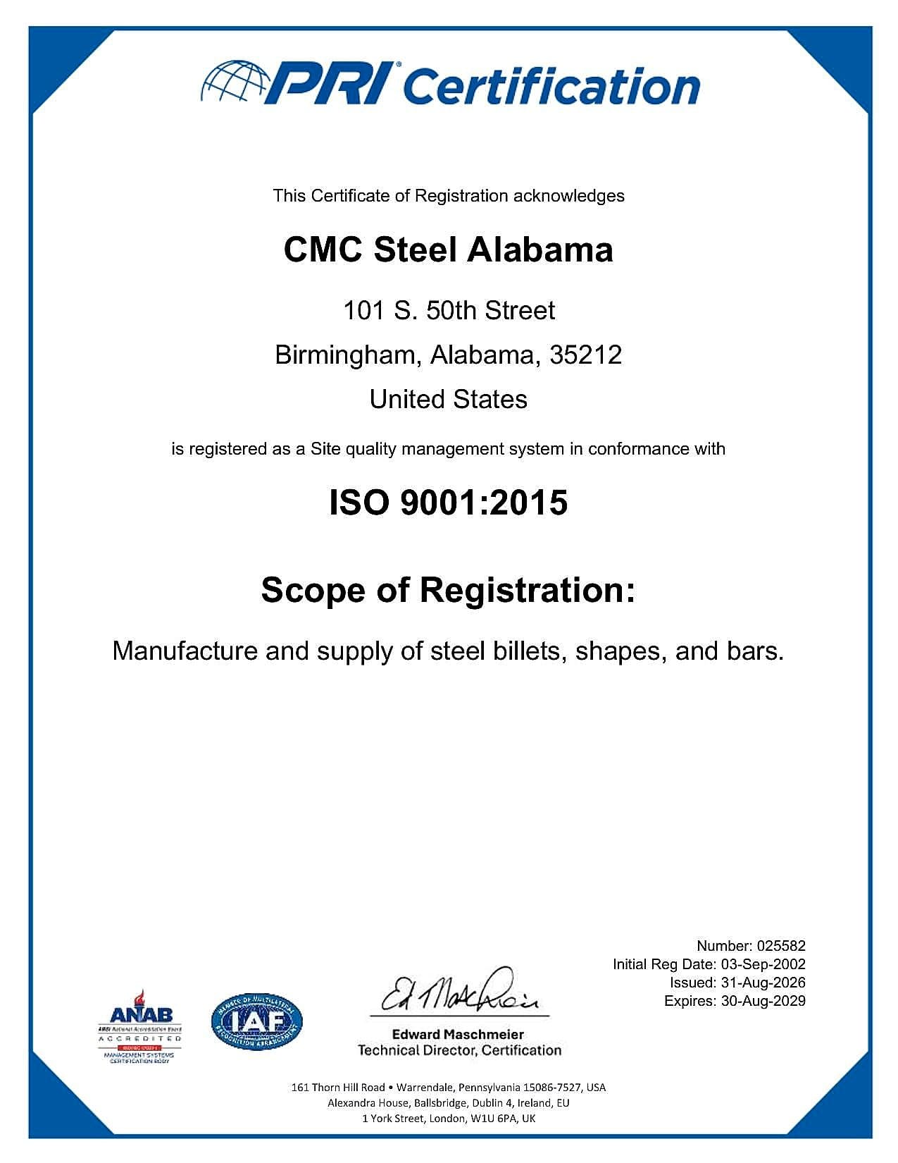ISO PRI CMC Steel Alabama 2026-2029 certificate — Accredited certification body