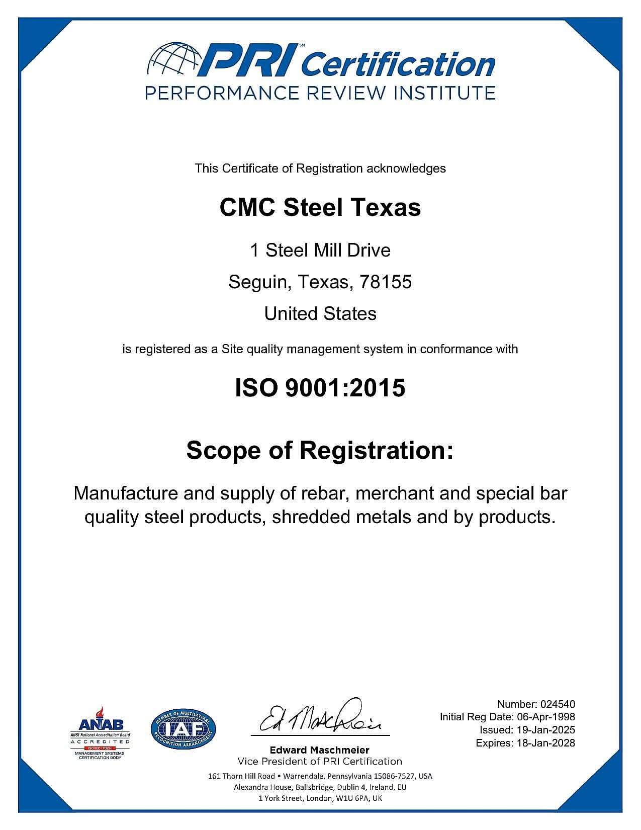 ISO CMC Steel Texas 2025-2028 certificate — Accredited certification body