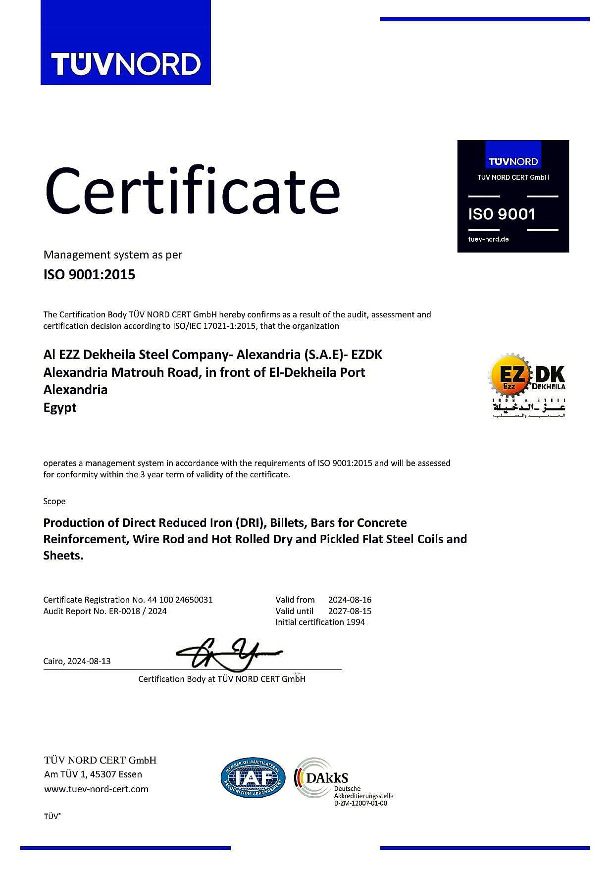 ISO 9001 (Alexandria, Suez, Sadat City, 10th of Ramadan) certificate — Accredited certification body