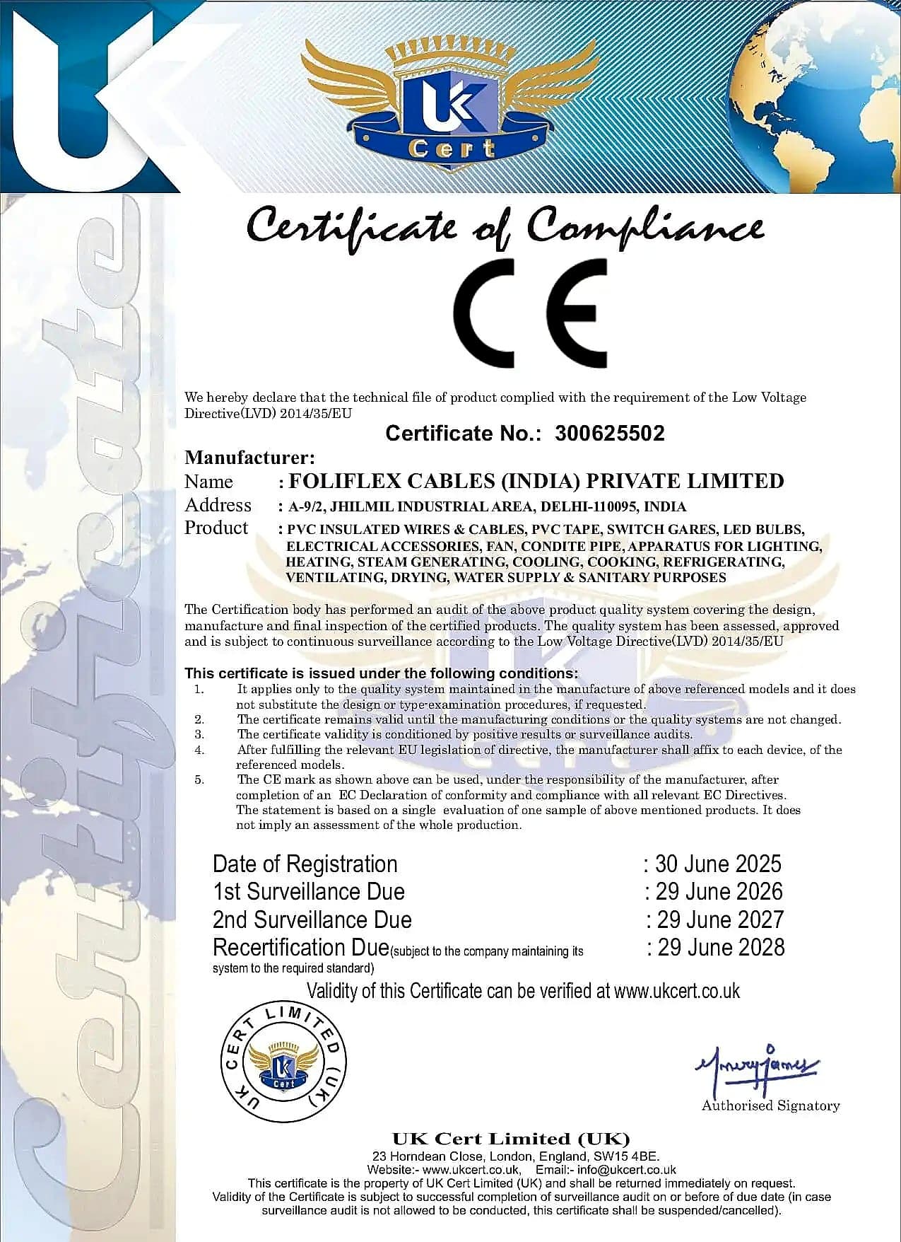 CE LVD 2014/35/EU Certificate No. 300625502 certificate — EU notified body
