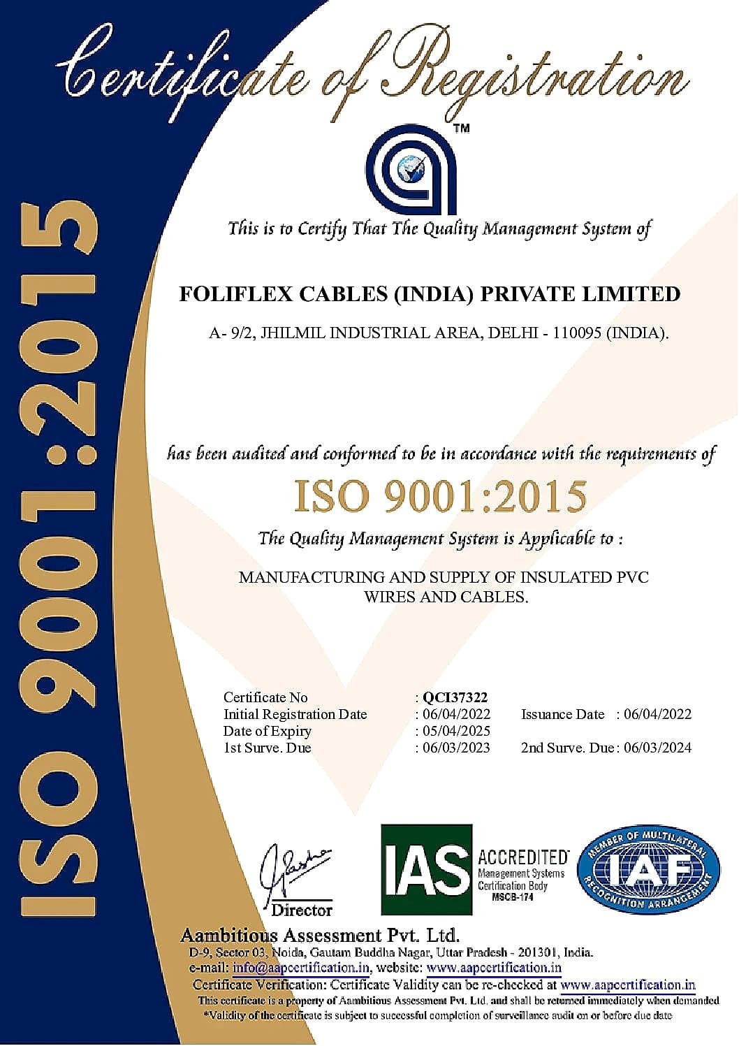 ISO 9001:2015 (Aambitious Assessment QCI37322) certificate — Accredited certification body