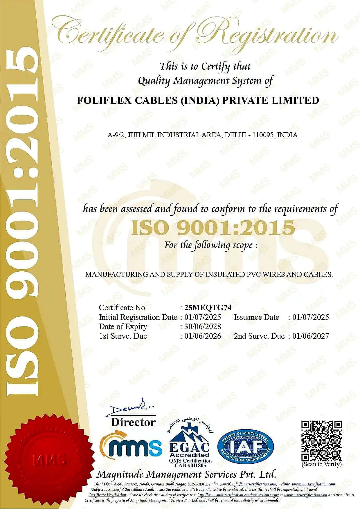 ISO 9001:2015 (MMS 25MEQTG74) certificate — Accredited certification body