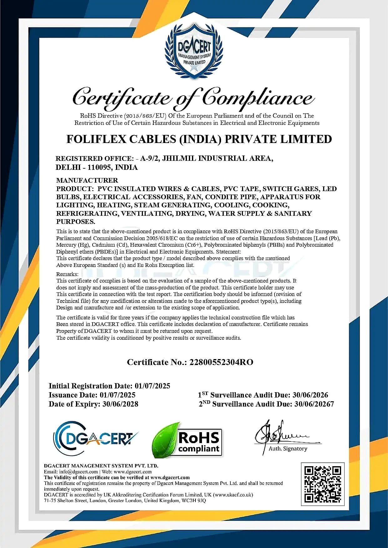 RoHS Directive 2015/863/EU Certificate of Compliance certificate — Supplier-declared