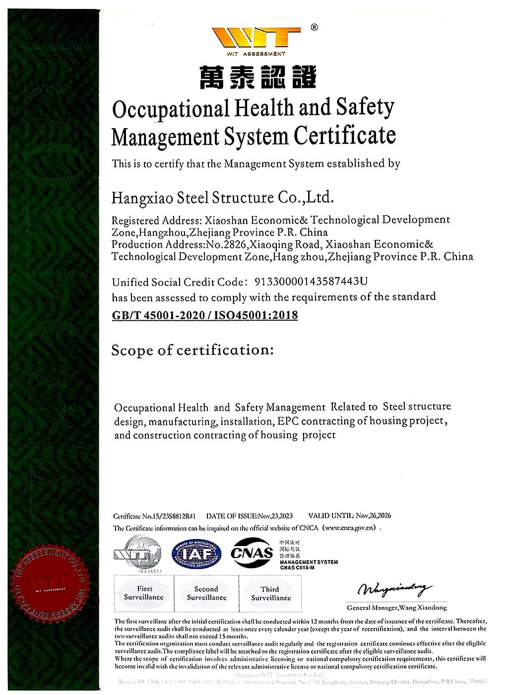 ISO 45001 occupational health and safety certificate — Accredited certification body
