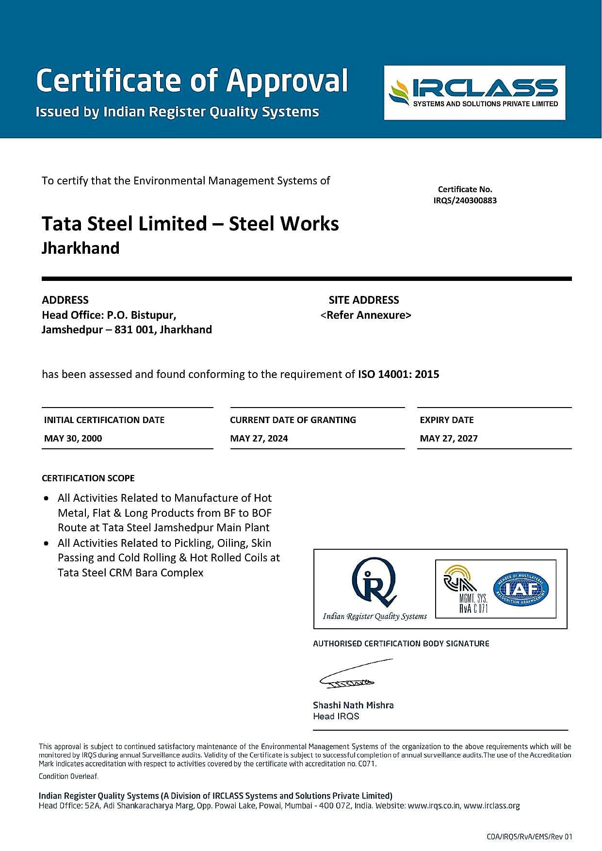ISO 14001 Jamshedpur Crm Bara certificate — Accredited certification body