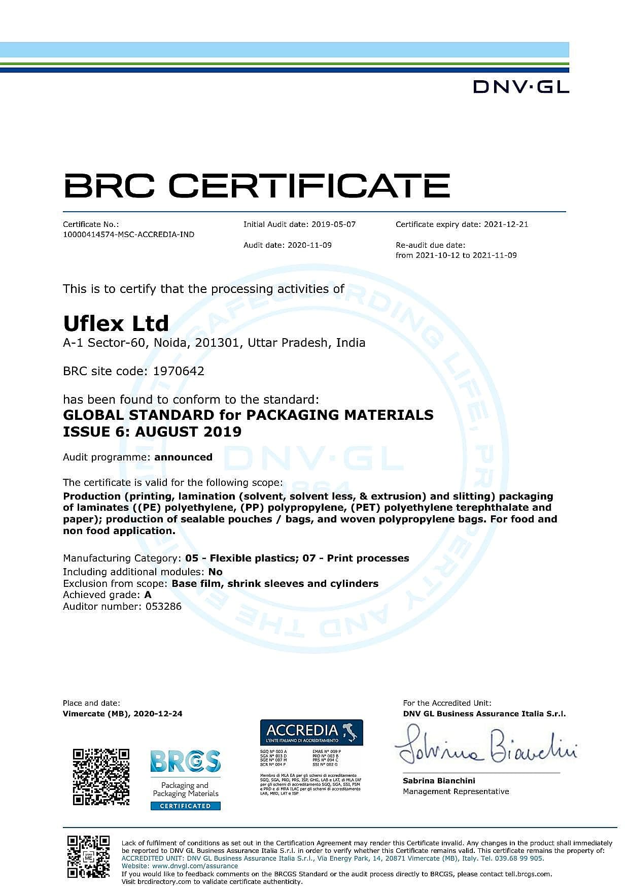 BRC Packaging Materials Noida certificate — Supplier-declared