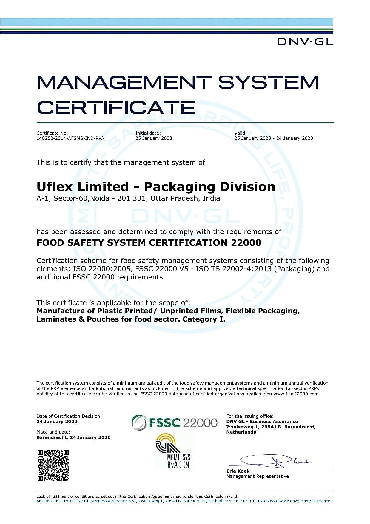 FSSC 22000 Noida (DNV-GL) certificate — Supplier-declared