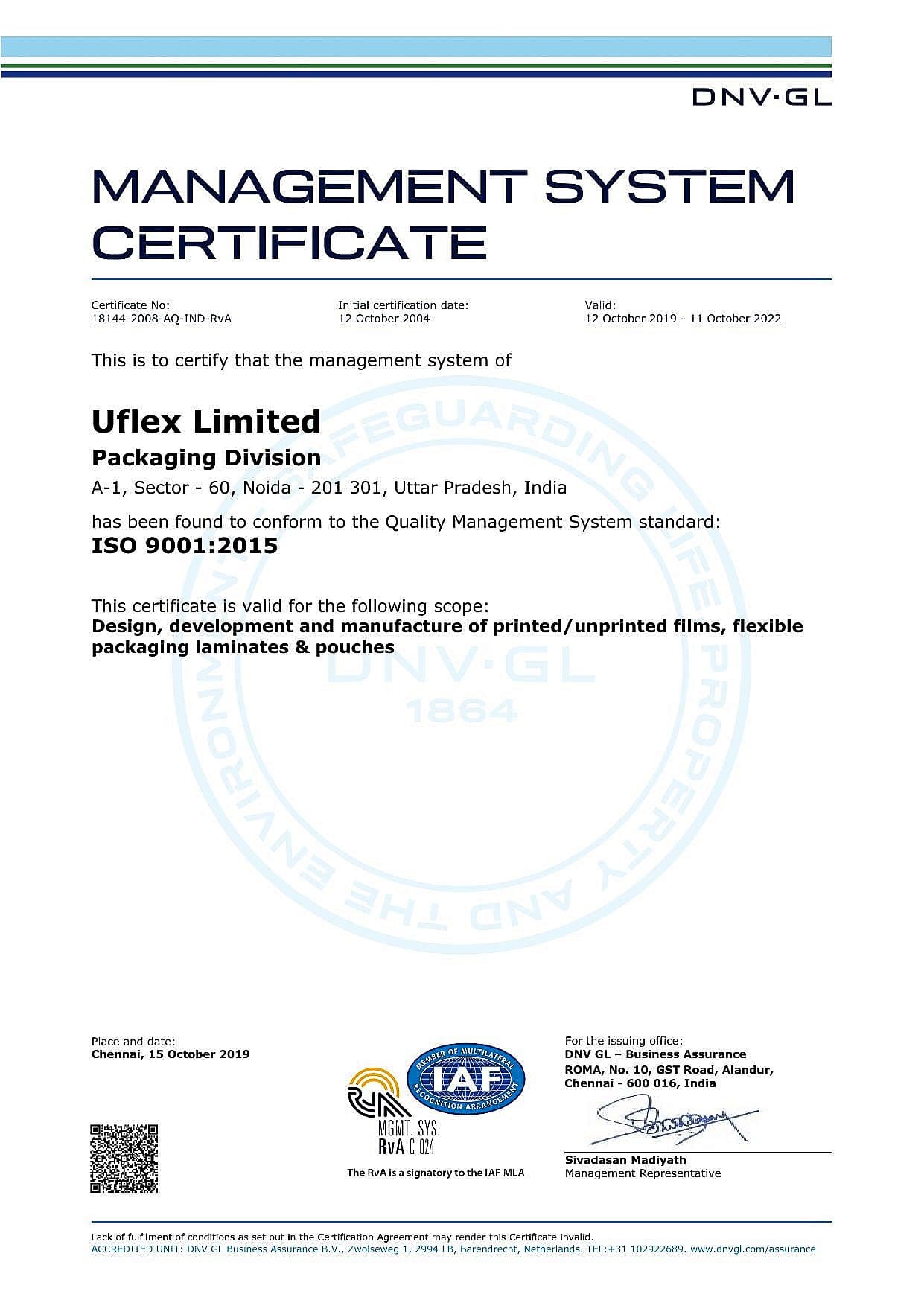 ISO 9001:2015 Noida (DNV-GL) certificate — Accredited certification body