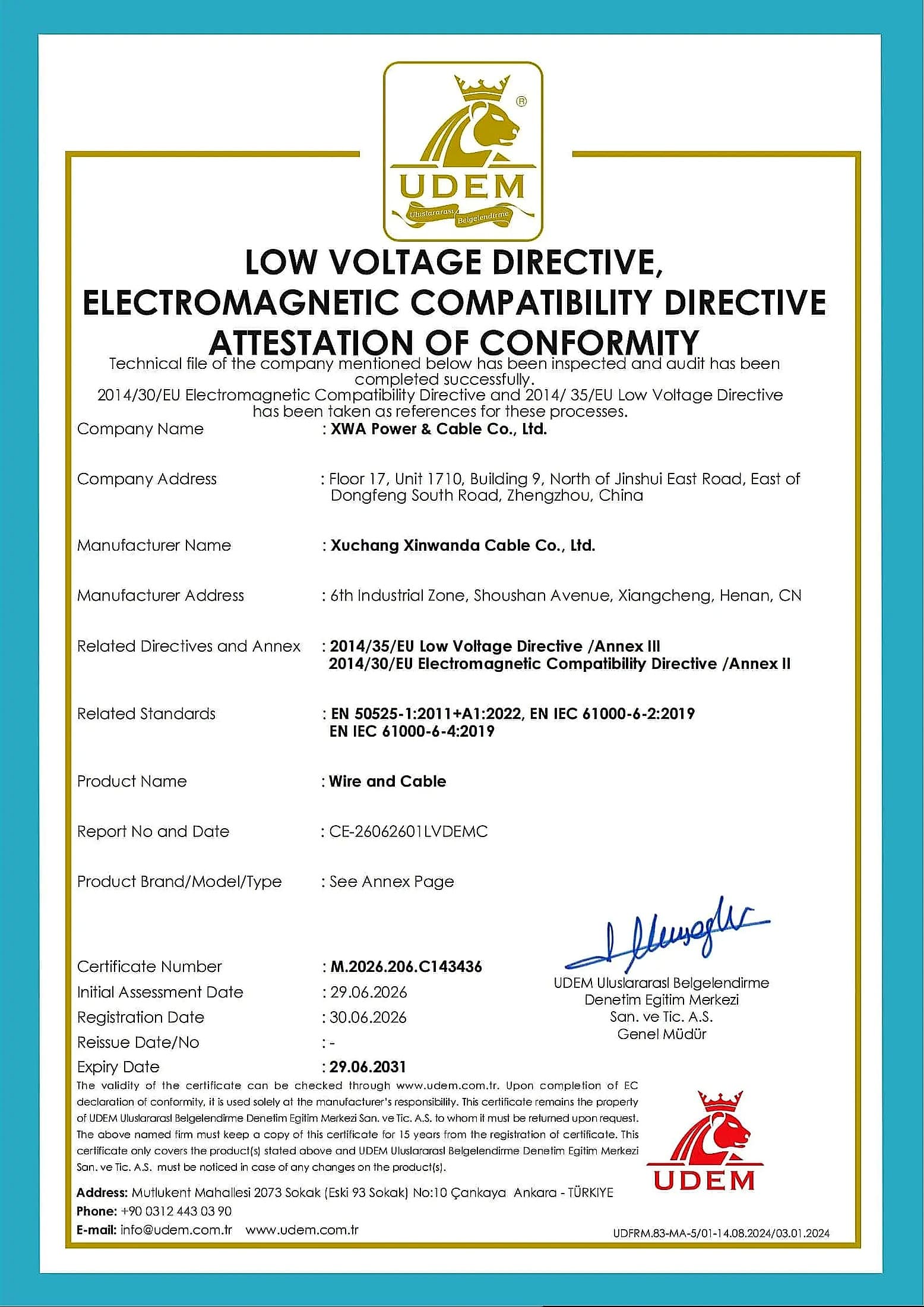 CE LVD 2014/35/EU and EMC 2014/30/EU C143436 certificate — EU notified body