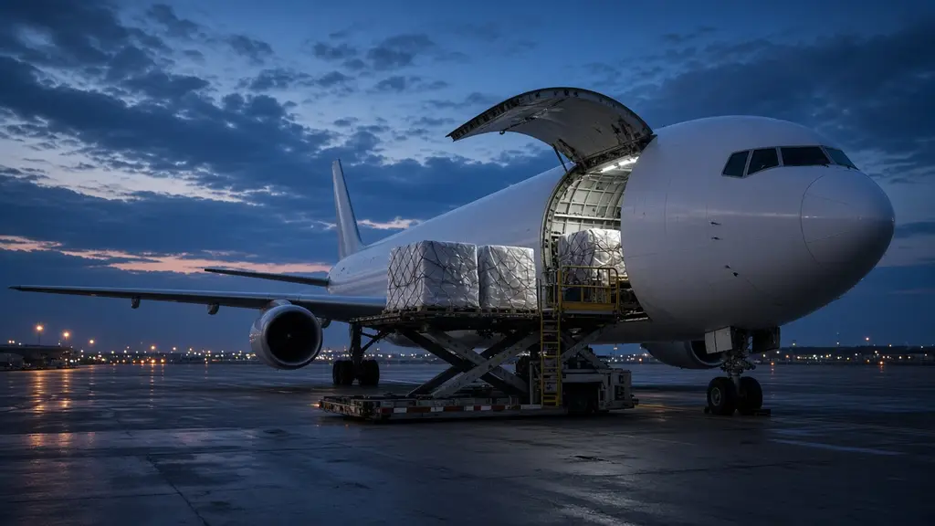 Air cargo being loaded onto a freighter